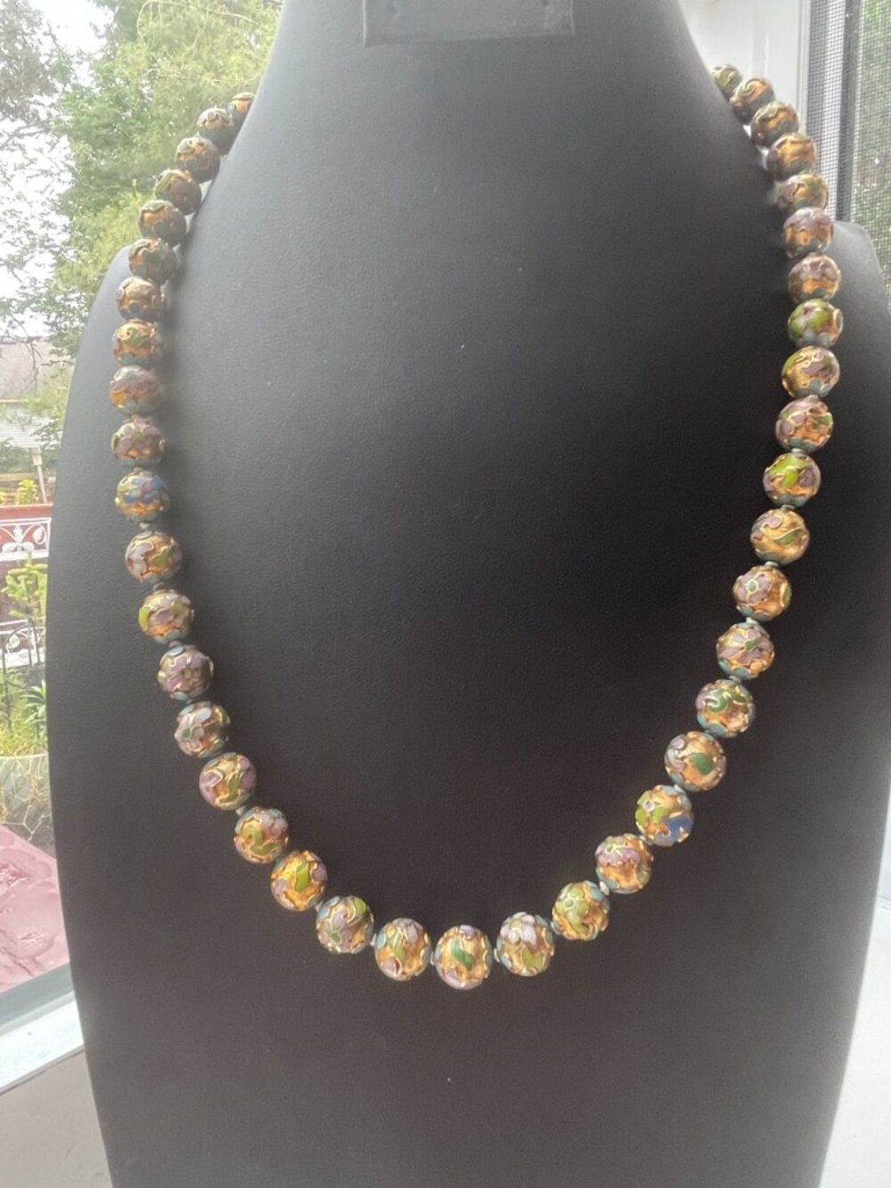 Antique Or Vintage Chinese Cloisonne Hand-Knotted Bead Necklace 50 Gold-Tone & M